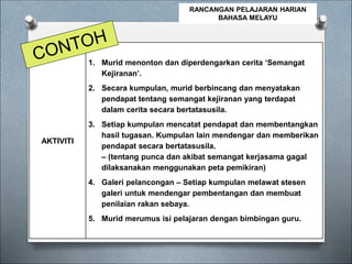 AKTIVITI
1. Murid menonton dan diperdengarkan cerita ‘Semangat
Kejiranan’.
2. Secara kumpulan, murid berbincang dan menyatakan
pendapat tentang semangat kejiranan yang terdapat
dalam cerita secara bertatasusila.
3. Setiap kumpulan mencatat pendapat dan membentangkan
hasil tugasan. Kumpulan lain mendengar dan memberikan
pendapat secara bertatasusila.
– (tentang punca dan akibat semangat kerjasama gagal
dilaksanakan menggunakan peta pemikiran)
4. Galeri pelancongan – Setiap kumpulan melawat stesen
galeri untuk mendengar pembentangan dan membuat
penilaian rakan sebaya.
5. Murid merumus isi pelajaran dengan bimbingan guru.
RANCANGAN PELAJARAN HARIAN
BAHASA MELAYU
 