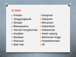 B. NILAI:
O Prihatin
O Tanggungjawab
O Simpati
O Bekerjasama
O Hormat menghormati
O Keadilan
O Berdikari
O Rasional
O Baik Hati
 Kerajinan
 Kejujuran
 Bersyukur
 Kebersihan
 Keberanian
 Kasih sayang
 Berhemah tinggi
 Kesederhanaan
 dll
 