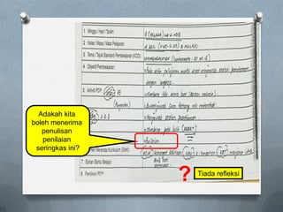 Adakah kita
boleh menerima
penulisan
penilaian
seringkas ini?
Tiada refleksi
?
 