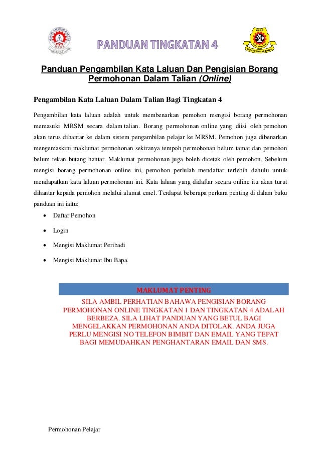 Panduan permohonan mrsm tingkatan 4 2016