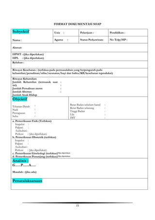 15
FORMAT DOKUMENTASI SOAP
Subyektif
Nama :
Usia : Pekerjaan : Pendidikan :
Agama : Status Perkawinan: No Telp/HP :
Alamat:
HPHT : (jika diperlukan)
HPL : (jika diperlukan)
Keluhan :
Riwayat Kesehatan : (terfokus pada permasalahan yang berpengaruh pada
kehamilan/persalinan/nifas/neonatus/bayi dan balita/KB/kesehatan reproduksi)
Riwayat Kehamilan:
Jumlah Kehamilan (termasuk saat
ini)
Jumlah Persalinan aterm
Jumlah Abortus
Jumlah Anak Hidup
:
:
:
:
Objektif
Tekanan Darah
Nadi
Pernapasan
Suhu
:
:
:
:
Berat Badan sebelum hamil
Berat Badan sekarang
Tinggi Badan
Lila
IMT
:
:
:
:
:
a. Pemeriksaan Fisik (Terfokus)
Inspeksi :
Palpasi :
Auskultasi :
Perkusi : (jika diperlukan)
b. Pemeriksaan Obstetrik (terfokus)
Inspeksi :
Palpasi :
Auskultasi :
Perkusi : (jika diperlukan)
c. Pemeriksaan Ginekologi (terfokus)*jika diperlukan
d. Pemeriksaan Penunjang (terfokus)*jika diperlukan
Analisis :
G......P......A.....
Masalah : (jika ada)
Penatalaksanaan
 