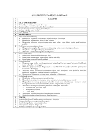 21
ASUHAN ANTENATAL KUNJUNGAN ULANG
N
O
LANGKAH
A SIKAP DAN PERILAKU
1. Menyambut pasien dengan ramah dan sopan
2. Mempersilahkan pasien untuk duduk dan komunikatif
3. Menjelaskan tujuan tindakan yang akan dilakukan
4. Tanggap terhadap reaksi pasien
5. Sabar dan teliti
B ISI/ CONTENT
1 Riwayat kehamilan sekarang
a. Menanyakan bagaimana keluhan klien sejak kunjungan terakhirnya.
b. Menanyakan gerakan janin dalam 24 jam terakhir.
c. Menanyakan informasi tentang masalah atau tanda bahaya yang dialami pasien sejak kunjungan
terakhir.
2 Pendekatan umum untuk pemeriksaan
a. Mengamati penampilan ibu, suasana emosi dan sikap tubuh pasien selama pemeriksaan.
b. Menjelaskan semua prosedur yang akan dilakukan.
c. Melakukan klarifikasi bila diperlukan oleh pasien.
3. Deteksi tanda bahaya
a. Pemeriksaan tekanan darah dan denyut nadi.
b. Pemeriksaan laboratorium (protein urin, glukosa urin, Hb)
c. Pemeriksaan bimanual (bila ada indikasi)
4. Pemeriksaan fisik
a. Mengukur tinggi fundus uteri dengan metode Spiegelberg/ jari-jari tangan/ pita ukur/Mc Donald
(umur kehamilan >12 minggu)
b. Melakukan palpasi abdomen dengan metode leopold untuk mendeteksi kehamilan ganda (umur
kehamilan >28 minggu).
c. Melakukan palpasi abdomen dengan metode leopold untuk mengetahui letak, presentasi, posisi dan
penurunan kepala janin (umur kehamilan >36 minggu).
d. Mendegarkan DJJ dengan fetoskop (umur kehamilan > 18 minggu).
5. Pendidikan kesehatan
a. Menjelaskan ketidaknyamanan selama kehamilan
b. Mendiskusikan dengan ibu mengenai status nutirir, suplementasi dan tetanus toxoid.
c. Mengajarkan ibu tentang perawatan kehamilan sesuai umur kehamilannya : persiapan laktasi,
keluarga berencana, senam hamil, istirahat, nutrisi dan pertumbuhan janin.
d. Mendiskusikan mengenai persiapan persalinan dan kegawat daruratan :
- Persiapan fisik, psikis dan biaya
- Transportasi (rujukan)
- Donor darah
e. Menjelaskan tentamg tanda-tanda bahaya dalam kehamilan
f. Menginformasikan jadwal kunjungan ulang berikutnya.
C TEKNIK
1.
2.
3.
4.
5.
Melaksanakan langkah-langkah atau prosedur secara sistematis
Menggunakan bahasa yanng mudah dimengerti.
Memberikan perhatian pada setiap jawaban.
Setiap jawaban direspon dengan baik
Memberi kesempatan pada setiap jawaban.
 