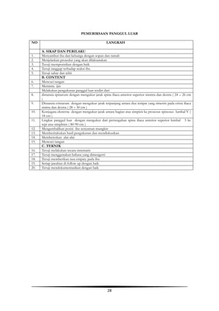 28
PEMERIKSAAN PANGGUL LUAR
NO LANGKAH
A. SIKAP DAN PERILAKU
1. Menyambut ibu dan keluarga dengan sopan dan ramah
2. Menjelaskan prosedur yang akan dilaksanakan
3. Teruji memposisikan dengan baik
4. Teruji tanggap terhadap reaksi ibu
5. Teruji sabar dan teliti
B. CONTENT
6. Mencuci tangan
7. Meminta ijin
Melakukan pengukuran panggul luar terdiri dari
8. distansia spinarum dengan mengukur jarak spina iliaca anterior superior sisnitra dan dextra ( 24 – 26 cm
)
9. Distansia cristarum dengan mengukur jarak terpanjang antara dua tempat yang simetris pada crista iliaca
sinitra dan dextra ( 28 – 30 cm )
10. Konjugata eksterna dengan mengukur jarak antara bagian atas simpisis ke prosesus spinosus lumbal V (
18 cm )
11. Lingkar panggul luar dengan mengukur dari pertengahan spina iliaca anterior superior lumbal 5 ke
tepi atas simphisis ( 80-90 cm )
12. Mengembalikan posisi ibu senyaman mungkin
13. Memberitahukan hasil pengukuran dan mendiskusikan
14. Membereskan alat-alat
15. Mencuci tangan
C. TEKNIK
16. Teruji melakukan secara sistematis
17. Teruji menggunakan bahasa yang dimengerti
18. Teruji memberikan rasa empaty pada ibu
19. Setiap jawaban di follow up dengan baik
20. Teruji mendokumentasikan dengan baik
 