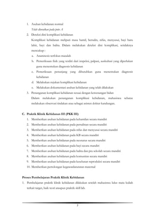 7
1. Asuhan kebidanan normal
Telah diuraikan pada poin A
2. Deteksi dini komplikasi kebidanan
Komplikasi kebidanan meliputi masa hamil, bersalin, nifas, menyusui, bayi baru
lahir, bayi dan balita. Dalam melakukan deteksi dini komplikasi, setidaknya
mencakup :
a. Anamnesis terfokus masalah
b. Pemeriksaan fisik yang terdiri dari inspeksi, palpasi, auskultasi yang diperlukan
guna menentukan diagnosis kebidanan
c. Pemeriksaan penunjang yang dibutuhkan guna menentukan diagnosis
kebidanan
d. Melakukan rujukan komplikasi kebidanan
e. Melakukan dokumentasi asuhan kebidanan yang telah dilakukan
3. Penanganan komplikasi kebidanan sesuai dengan kewenangan bidan
Dalam melakukan penanganan komplikasi kebidanan, mahasiswa sebatas
melakukan observasi tindakan atau sebagai asisten dokter kandungan.
C. Praktik Klinik Kebidanan III (PKK III)
1. Memberikan asuhan kebidanan pada kehamilan secara mandiri
2. Memberikan asuhan kebidanan pada persalinan secara mandiri
3. Memberikan asuhan kebidanan pada nifas dan menyusui secara mandiri
4. Memberikan asuhan kebidanan pada KB secara mandiri
5. Memberikan asuhan kebidanan pada neonatus secara mandiri
6. Memberikan asuhan kebidanan pada bayi secara mandiri
7. Memberikan asuhan kebidanan pada balita dan pra sekolah secara mandiri
8. Memberikan asuhan kebidanan pada komunitas secara mandiri
9. Memberikan asuhan kebidanan pada kesehatan reproduksi secara mandiri
10. Memberikan pertolongan kegawatdaruratan maternal
Proses Pembelajaran Praktik Klinik Kebidanan
1. Pembelajaran praktik klinik kebidanan dilakukan setelah mahasiswa lulus mata kuliah
terkait target, baik teori ataupun praktik skill lab.
 