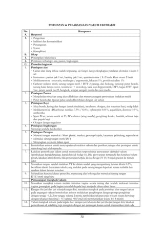 73
PERSIAPAN & PELAKSANAAN VAKUM EKSTRAKSI
No. Komponen
A. Responsi
1. - Pengertian
- Indikasi dan kontraindikasi
- Penanganan
- Syarat
- Komplikasi
B. Sikap
1. Penampilan Mahasiswa
2. Perlakuan terhadap : alat, pasien, lingkungan
C. Prosedur kegiatan
1. Persiapan alat
- Cairan dan slang infuse sudah terpasang, uji fungsi dan perlengkapan peralatan ekstraksi vakum 1
set
- Instrumen : partus pak 1 set, hacting pak 1 set, speculum sims / L-2 buah, klem ovum 2 buah
- Medikamentosa : oxytocin, methergin / ergometrin, lidocain 1%, povidion iodine 1%
- Catheter nelaton steril, sarung tangan steril / DTT 2 pasang, alas bokong, penutup perut bawah,
sarung kaki, lampu sorot, tensimeter + stetoskop, kasa dan depperssteril/DTT, kapas DTT, spuit
5 cc, jarum suntik no 23, bengkok, tempat sampah medis dan non medis
2. Persiapan Pasien
- Menjelaskan tindakan yang akan dilakukan dan menandatangani persetujuan tindakan medik
- Perut bawah dan lipatan paha sudah dibersihkan dengan air sabun
3. Persiapan Bayi
- Meja bersih, kering dan hangat (untuk tindakan), incubator, oksigen, alat resusitasi bayi, sudip lidah
- Medikamentosa : Bikarbonas natrikus 7.5% / 8.4% ; ephineprin 0.01%, aquabidest, dextrose 10 %,
antibiotika
- Spuit 20 cc, jarum suntik ni 23, IV catheter (wing needle), penghisap lender, handuk, selimut baju
dan popok bayi
- Oksigen dengan regulator
4. Persiapan lingkungan
Menutup jendela dan korden
5. Persiapan Petugas
- Mencuci tangan memakai : Short plastic, masker, penutup kepala, kacamata pelindung, sepatu boot
- Memakai sarung tangan steril/DTT
- Menyiapkan oxytocin dalam spuit
6. Instruksikan asisten untuk menyiapakan ekstraktor vakum dan pastikan petugas dan persiapan untuk
menolong bayi telah tersedia
7. Lakukan pemeriksaan dalam untuk memastikan terpenuhinya persyaratan ekstraksi vakum
(pembukaan kepala lengkap, kepala bayi di hodge iv). Bila persyaratan terpenuhi dan ketuban belum
pecah, lakukan amnioktomi, bila penurunan kepala di atas hodge IV (0/5) rujuk pasien ke rumah
sakit
8. Masukkan tangan setelah tindakan VT ke dalam wadah yang mengandung larutan klorin 0.5%,
bersihkan darah dan cairan tubuh yang melekat pada sarung tangan lepaskan secara terbalik dan
rendam dalam larutan tersebut
9. Meletakkan handukl diatas perut ibu, memasang alas bokong dan memakai sarung tangan
DTT/steril yang baru
Pemasangan mangkok vakum
10. Masukkan mangkok vakum melalui introitus vagina secara miring dan setelah melewati introitus
vagina, pasangkan pada bagian terendah kepala bayi menjauhi ubun-ubun besar
11. Dengan ibu jari dan jari telunjuktangan kiri, menahan mangkok pada posisinya dan tangan kanan
pada pegangan vakum instruksikan asisten melakukan penghisapan dengan pompa penghisap
dengan tenaga -0.2/2cm tunggu selama 2 menit, tambahkan tekanan pada vakum secara bertahap
dengan tekanan maksimal : -0.7sampai -0.8/cm2 (ini membutuhkan waktu ±6-8 menit)
12. Tahan mangkuk vakum pada kepala bayi dengan jari telunjuk dan jari ibu jari tangan kiri, lakukan
pemeriksaan di sekeliling tepi mangkok dengan jari-jaritangan kanan untuk memastikan tidak ada
 
