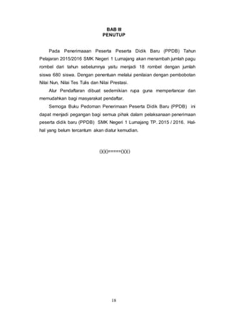 18
BAB III
PENUTUP
Pada Penerimaaan Peserta Peserta Didik Baru (PPDB) Tahun
Pelajaran 2015/2016 SMK Negeri 1 Lumajang akan menambah jumlah pagu
rombel dari tahun sebelumnya yaitu menjadi 18 rombel dengan jumlah
siswa 680 siswa. Dengan penentuan melalui penilaian dengan pembobotan
Nilai Nun, Nilai Tes Tulis dan Nilai Prestasi.
Alur Pendaftaran dibuat sedemikian rupa guna memperlancar dan
memudahkan bagi masyarakat pendaftar.
Semoga Buku Pedoman Penerimaan Peserta Didik Baru (PPDB) ini
dapat menjadi pegangan bagi semua pihak dalam pelaksanaan penerimaan
peserta didik baru (PPDB) SMK Negeri 1 Lumajang TP. 2015 / 2016. Hal-
hal yang belum tercantum akan diatur kemudian.
()()()=====()()()
 