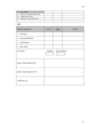 2/2


4.    SOAL JAWAB
4.1   Kemahiran mendengar adalah tinggi
4.2   Jawapan tepat & nyata
4.3   Pengetahuan calon adalah tinggi



SYOR


                                                      TAK
PERKARA YANG DINILAI                      TERIMA                      CATATAN
                                                     TERIMA


1.*   PORTFOLIO


2.*   PENILAIAN MENGAJAR


3.    PENYAMPAIAN


4.    SOAL JAWAB


KEPUTUSAN                                 TERAMPIL   BELUM TERAMPIL




NAMA & TANDATANGAN PP-PPT




NAMA & TANDA TANGAN PPL-PPT




ULASAN (jika ada)




                                                                                33
 