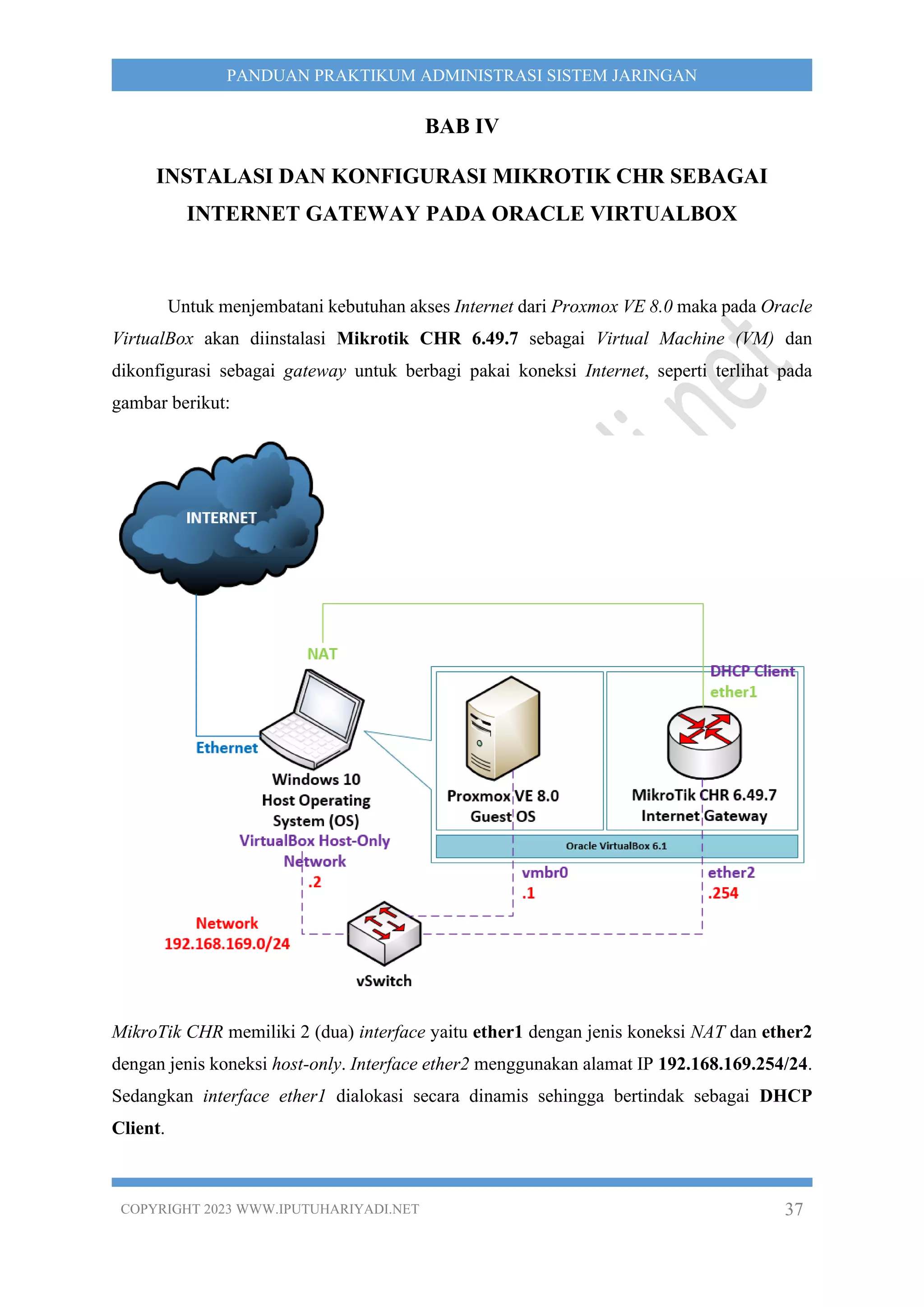 COPYRIGHT 2023 WWW.IPUTUHARIYADI.NET 37
PANDUAN PRAKTIKUM ADMINISTRASI SISTEM JARINGAN
BAB IV
INSTALASI DAN KONFIGURASI MIKROTIK CHR SEBAGAI
INTERNET GATEWAY PADA ORACLE VIRTUALBOX
Untuk menjembatani kebutuhan akses Internet dari Proxmox VE 8.0 maka pada Oracle
VirtualBox akan diinstalasi Mikrotik CHR 6.49.7 sebagai Virtual Machine (VM) dan
dikonfigurasi sebagai gateway untuk berbagi pakai koneksi Internet, seperti terlihat pada
gambar berikut:
MikroTik CHR memiliki 2 (dua) interface yaitu ether1 dengan jenis koneksi NAT dan ether2
dengan jenis koneksi host-only. Interface ether2 menggunakan alamat IP 192.168.169.254/24.
Sedangkan interface ether1 dialokasi secara dinamis sehingga bertindak sebagai DHCP
Client.
 