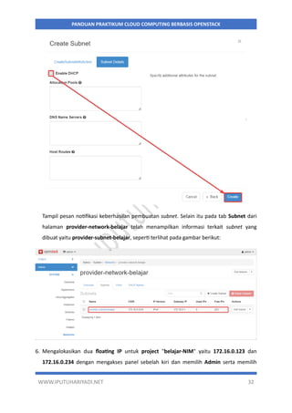 WWW.IPUTUHARIYADI.NET 32
PANDUAN PRAKTIKUM CLOUD COMPUTING BERBASIS OPENSTACK
Tampil pesan notifikasi keberhasilan pembuatan subnet. Selain itu pada tab Subnet dari
halaman provider-network-belajar telah menampilkan informasi terkait subnet yang
dibuat yaitu provider-subnet-belajar, seperti terlihat pada gambar berikut:
6. Mengalokasikan dua floating IP untuk project "belajar-NIM" yaitu 172.16.0.123 dan
172.16.0.234 dengan mengakses panel sebelah kiri dan memilih Admin serta memilih
 