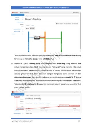 WWW.IPUTUHARIYADI.NET 55
PANDUAN PRAKTIKUM CLOUD COMPUTING BERBASIS OPENSTACK
Terlihat pula informasi alamat IP yang digunakan oleh interface pada router-belajar yang
terhubung ke network2-belajar yaitu 192.168.234.1.
12. Membuat 2 (dua) security group yaitu dengan nama "allow-ping" yang memiliki rule
untuk mengijinkan akses ICMP ke instance dan "allow-ssh" yang memiliki rule untuk
mengijinkan akses SSH ke instance dengan alamat IP sumber darimana pun. Pembuatan
security group tersebut dapat dilakukan dengan mengakses panel sebelah kiri dari
OpenStack Dashboard dan memilih Project serta memilih submenu COMPUTE  Access
& Security maka pada panel detail sebelah kanan akan tampil halaman Access & Security.
Tekan tombol Create Security Group untuk membuat security group baru, seperti terlihat
pada gambar berikut:
 
