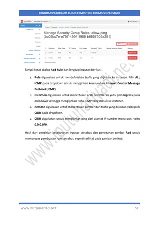 WWW.IPUTUHARIYADI.NET 57
PANDUAN PRAKTIKUM CLOUD COMPUTING BERBASIS OPENSTACK
Tampil kotak dialog Add Rule dan lengkapi inputan berikut:
a. Rule digunakan untuk mendefinisikan trafik yang diijinkan ke instance. Pilih ALL
ICMP pada dropdown untuk mengijinkan keseluruhan Internet Control Message
Protocol (ICMP).
b. Direction digunakan untuk menentukan arah pemfilteran yaitu pilih Ingress pada
dropdown sehingga mengijinkan trafik ICMP yang masuk ke instance.
c. Remote digunakan untuk menentukan sumber dari trafik yang diijinkan yaitu pilih
CIDR pada dropdown.
d. CIDR digunakan untuk mengijinkan ping dari alamat IP sumber mana pun, yaitu
0.0.0.0/0.
Hasil dari pengisian keseluruhan inputan tersebut dan penekanan tombol Add untuk
memproses pembuatan rule tersebut, seperti terlihat pada gambar berikut:
 