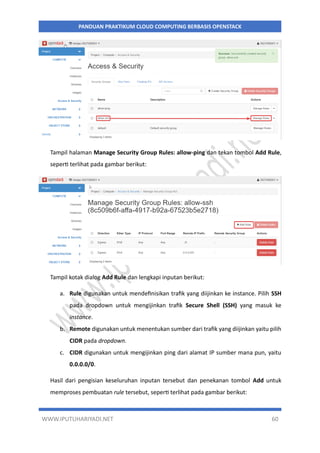 WWW.IPUTUHARIYADI.NET 60
PANDUAN PRAKTIKUM CLOUD COMPUTING BERBASIS OPENSTACK
Tampil halaman Manage Security Group Rules: allow-ping dan tekan tombol Add Rule,
seperti terlihat pada gambar berikut:
Tampil kotak dialog Add Rule dan lengkapi inputan berikut:
a. Rule digunakan untuk mendefinisikan trafik yang diijinkan ke instance. Pilih SSH
pada dropdown untuk mengijinkan trafik Secure Shell (SSH) yang masuk ke
instance.
b. Remote digunakan untuk menentukan sumber dari trafik yang diijinkan yaitu pilih
CIDR pada dropdown.
c. CIDR digunakan untuk mengijinkan ping dari alamat IP sumber mana pun, yaitu
0.0.0.0/0.
Hasil dari pengisian keseluruhan inputan tersebut dan penekanan tombol Add untuk
memproses pembuatan rule tersebut, seperti terlihat pada gambar berikut:
 