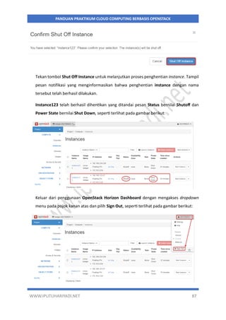 WWW.IPUTUHARIYADI.NET 87
PANDUAN PRAKTIKUM CLOUD COMPUTING BERBASIS OPENSTACK
Tekan tombol Shut Off Instance untuk melanjutkan proses penghentian instance. Tampil
pesan notifikasi yang menginformasikan bahwa penghentian instance dengan nama
tersebut telah berhasil dilakukan.
Instance123 telah berhasil dihentikan yang ditandai pesan Status bernilai Shutoff dan
Power State bernilai Shut Down, seperti terlihat pada gambar berikut:
Keluar dari penggunaan OpenStack Horizon Dashboard dengan mengakses dropdown
menu pada pojok kanan atas dan pilih Sign Out, seperti terlihat pada gambar berikut:
 