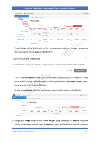 WWW.IPUTUHARIYADI.NET 89
PANDUAN PRAKTIKUM CLOUD COMPUTING BERBASIS OPENSTACK
Tampil kotak dialog konfirmasi terkait penghapusan instances dengan nama-nama
tersebut, seperti terlihat pada gambar berikut:
Tekan tombol Delete Instances untuk melanjutkan proses penghapusan instances. Tampil
pesan notifikasi yang menginformasikan bahwa penghapusan instances dengan nama-
nama tersebut telah berhasil dilakukan.
Keseluruhan instance telah berhasil dihapus, seperti terlihat pada gambar berikut:
3. Menghapus image dengan nama “cirros-belajar” yang terdapat pada Project yang aktif
saat ini yaitu dengan memilih menu Project pada panel sebelah kiri dan memilih sub menu
 