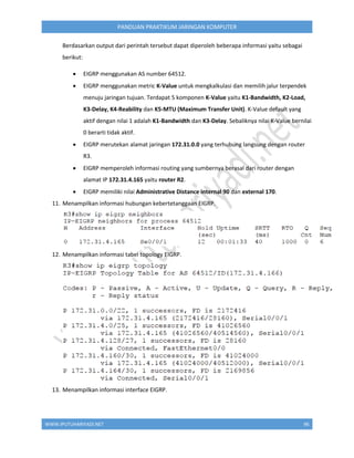 WWW.IPUTUHARIYADI.NET 96
PANDUAN PRAKTIKUM JARINGAN KOMPUTER
Berdasarkan output dari perintah tersebut dapat diperoleh beberapa informasi yaitu sebagai
berikut:
 EIGRP menggunakan AS number 64512.
 EIGRP menggunakan metric K-Value untuk mengkalkulasi dan memilih jalur terpendek
menuju jaringan tujuan. Terdapat 5 komponen K-Value yaitu K1-Bandwidth, K2-Load,
K3-Delay, K4-Reability dan K5-MTU (Maximum Transfer Unit). K-Value default yang
aktif dengan nilai 1 adalah K1-Bandwidth dan K3-Delay. Sebaliknya nilai K-Value bernilai
0 berarti tidak aktif.
 EIGRP merutekan alamat jaringan 172.31.0.0 yang terhubung langsung dengan router
R3.
 EIGRP memperoleh informasi routing yang sumbernya berasal dari router dengan
alamat IP 172.31.4.165 yaitu router R2.
 EIGRP memiliki nilai Administrative Distance internal 90 dan external 170.
11. Menampilkan informasi hubungan kebertetanggaan EIGRP.
12. Menampilkan informasi tabel topology EIGRP.
13. Menampilkan informasi interface EIGRP.
 