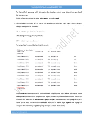 WWW.IPUTUHARIYADI.NET 52
PANDUAN PRAKTIKUM JARINGAN KOMPUTER
Terlihat default gateway telah diterapkan berdasarkan output yang ditandai dengan kotak
berwarna merah.
Untuk keluar dari output tersebut tekan q yang bermakna quit.
20. Menampilkan informasi terkait status dari keseluruhan interface pada switch secara ringkas
dengan mengeksekusi perintah:
SW1# show ip interface brief
Atau disingkat menggunakan perintah:
SW1# show ip int brief
Terlampir hasil eksekusi dari perintah tersebut.
Kolom Interface memperlihatkan nama interface yang terdapat pada router. Sedangkan kolom
IP-Address memperlihatkan pengalamatan IP yang diterapkan pada interface tersebut. Sebaliknya
kolom status menyatakan status layer 1 (physical layer) dimana nilainya berupa up (aktif) atau
down (tidak aktif). Terakhir kolom Protocol menyatakan status layer 2 (data link layer) dari
interface dimana nilainya juga berupa up (aktif) atau down (tidak aktif).
 