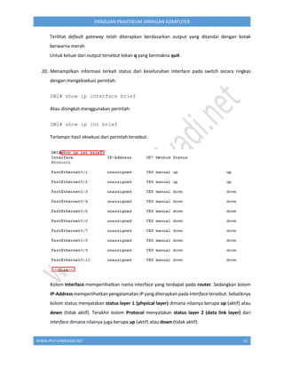 WWW.IPUTUHARIYADI.NET 61
PANDUAN PRAKTIKUM JARINGAN KOMPUTER
Terlihat default gateway telah diterapkan berdasarkan output yang ditandai dengan kotak
berwarna merah.
Untuk keluar dari output tersebut tekan q yang bermakna quit.
20. Menampilkan informasi terkait status dari keseluruhan interface pada switch secara ringkas
dengan mengeksekusi perintah:
SW2# show ip interface brief
Atau disingkat menggunakan perintah:
SW2# show ip int brief
Terlampir hasil eksekusi dari perintah tersebut.
Kolom Interface memperlihatkan nama interface yang terdapat pada router. Sedangkan kolom
IP-Address memperlihatkan pengalamatan IP yang diterapkan pada interface tersebut. Sebaliknya
kolom status menyatakan status layer 1 (physical layer) dimana nilainya berupa up (aktif) atau
down (tidak aktif). Terakhir kolom Protocol menyatakan status layer 2 (data link layer) dari
interface dimana nilainya juga berupa up (aktif) atau down (tidak aktif).
 
