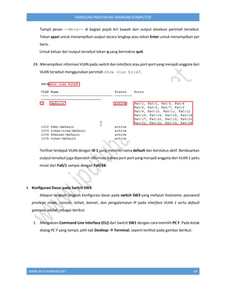WWW.IPUTUHARIYADI.NET 64
PANDUAN PRAKTIKUM JARINGAN KOMPUTER
Tampil pesan --More-- di bagian pojok kiri bawah dari output eksekusi perintah tersebut.
Tekan spasi untuk menampilkan output secara lengkap atau tekan Enter untuk menampilkan per
baris.
Untuk keluar dari output tersebut tekan q yang bermakna quit.
24. Menampilkan informasi VLAN pada switch dan interface atau port-port yang menjadi anggota dari
VLAN tersebut menggunakan perintah show vlan brief.
Terlihat terdapat VLAN dengan ID 1 yang memiliki nama default dan berstatus aktif. Berdasarkan
output tersebut juga diperoleh informasi bahwa port-port yang menjadi anggota dari VLAN 1 yaitu
mulai dari Fa0/1 sampai dengan Fa0/24.
I. Konfigurasi Dasar pada Switch SW3
Adapun langkah-langkah konfigurasi dasar pada switch SW3 yang meliputi hostname, password
privilege mode, console, telnet, banner, dan pengalamatan IP pada interface VLAN 1 serta default
gateway adalah sebagai berikut:
1. Mengakses Command Line Interface (CLI) dari Switch SW1 dengan cara memilih PC F. Pada kotak
dialog PC F yang tampil, pilih tab Desktop  Terminal, seperti terlihat pada gambar berikut:
 