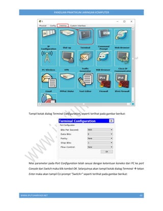 WWW.IPUTUHARIYADI.NET 65
PANDUAN PRAKTIKUM JARINGAN KOMPUTER
Tampil kotak dialog Terminal Configuration, seperti terlihat pada gambar berikut:
Nilai parameter pada Port Configuration telah sesuai dengan ketentuan koneksi dari PC ke port
Console dari Switch maka klik tombol OK. Selanjutnya akan tampil kotak dialog Terminal  tekan
Enter maka akan tampil CLI prompt “Switch>” seperti terlihat pada gambar berikut:
 
