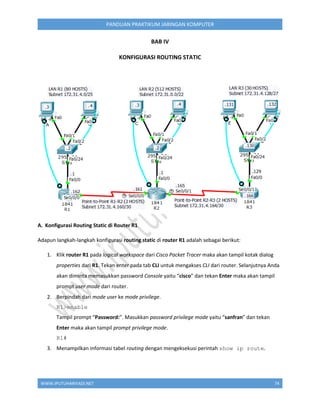 WWW.IPUTUHARIYADI.NET 74
PANDUAN PRAKTIKUM JARINGAN KOMPUTER
BAB IV
KONFIGURASI ROUTING STATIC
A. Konfigurasi Routing Static di Router R1
Adapun langkah-langkah konfigurasi routing static di router R1 adalah sebagai berikut:
1. Klik router R1 pada logical workspace dari Cisco Packet Tracer maka akan tampil kotak dialog
properties dari R1. Tekan enter pada tab CLI untuk mengakses CLI dari router. Selanjutnya Anda
akan diminta memasukkan password Console yaitu “cisco” dan tekan Enter maka akan tampil
prompt user mode dari router.
2. Berpindah dari mode user ke mode privilege.
R1>enable
Tampil prompt “Password:”. Masukkan password privilege mode yaitu “sanfran” dan tekan
Enter maka akan tampil prompt privilege mode.
R1#
3. Menampilkan informasi tabel routing dengan mengeksekusi perintah show ip route.
 