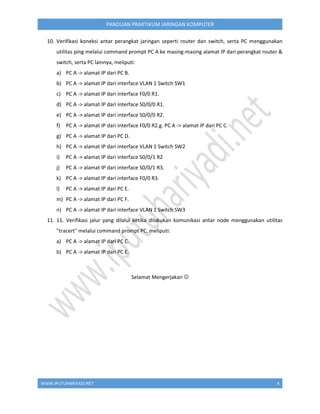 WWW.IPUTUHARIYADI.NET 4
PANDUAN PRAKTIKUM JARINGAN KOMPUTER
10. Verifikasi koneksi antar perangkat jaringan seperti router dan switch, serta PC menggunakan
utilitas ping melalui command prompt PC A ke masing-masing alamat IP dari perangkat router &
switch, serta PC lainnya, meliputi:
a) PC A -> alamat IP dari PC B.
b) PC A -> alamat IP dari interface VLAN 1 Switch SW1
c) PC A -> alamat IP dari interface F0/0 R1.
d) PC A -> alamat IP dari interface S0/0/0 R1.
e) PC A -> alamat IP dari interface S0/0/0 R2.
f) PC A -> alamat IP dari interface F0/0 R2.g. PC A -> alamat IP dari PC C.
g) PC A -> alamat IP dari PC D.
h) PC A -> alamat IP dari interface VLAN 1 Switch SW2
i) PC A -> alamat IP dari interface S0/0/1 R2
j) PC A -> alamat IP dari interface S0/0/1 R3.
k) PC A -> alamat IP dari interface F0/0 R3.
l) PC A -> alamat IP dari PC E.
m) PC A -> alamat IP dari PC F.
n) PC A -> alamat IP dari interface VLAN 1 Switch SW3
11. 11. Verifikasi jalur yang dilalui ketika dilakukan komunikasi antar node menggunakan utilitas
"tracert" melalui command prompt PC, meliputi:
a) PC A -> alamat IP dari PC C.
b) PC A -> alamat IP dari PC E.
Selamat Mengerjakan 
 