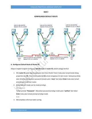 WWW.IPUTUHARIYADI.NET 82
PANDUAN PRAKTIKUM JARINGAN KOMPUTER
BAB V
KONFIGURASI DEFAULT ROUTE
A. Konfigurasi Default Route di Router R1
Adapun langkah-langkah konfigurasi default route di router R1 adalah sebagai berikut:
1. Klik router R1 pada logical workspace dari Cisco Packet Tracer maka akan tampil kotak dialog
properties dari R1. Tekan enter pada tab CLI untuk mengakses CLI dari router. Selanjutnya Anda
akan diminta memasukkan password Console yaitu “cisco” dan tekan Enter maka akan tampil
prompt user mode dari router.
2. Berpindah dari mode user ke mode privilege.
R1>enable
Tampil prompt “Password:”. Masukkan password privilege mode yaitu “sanfran” dan tekan
Enter maka akan tampil prompt privilege mode.
R1#
3. Menampilkan informasi tabel routing.
 