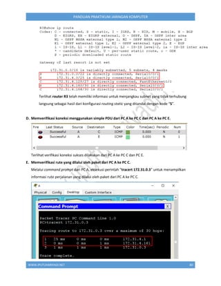 WWW.IPUTUHARIYADI.NET 81
PANDUAN PRAKTIKUM JARINGAN KOMPUTER
Terlihat untuk menjangkau PC C (172.31.0.3) paket melalui dua...