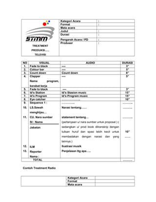 TREATMENT
PRODUKSI......
TELEVISI
Kategori Acara :
Format :
Mata acara
Judul :
Durasi :
Pengarah Acara / PD :
Produser :
NO VISUAL AUDIO DURASI
1. Fade to black ---- 3”
2. Colour bar ---- 5”
3. Count down Count down 8”
4. Clapper
Nama program,
kerabat kerja
---- 5”
5. Fade to black ---- 3”
6. Id’s Station Id’s Stasion music 15”
7. Id’s Program Id’s Program music 15”
8. Eye catcher ……………….. 10”
9.
10.
11.
12.
13.
Sequence 1 :
LS.Sawah
menghijau…
CU. Nara sumber
SI : Nama
Jabatan
ILM
Reporter
Nama :
…………..
Narasi tentang……
statement tentang…
(pertanyaan u/ nara sumber untuk proposal ) (
sedangkan u/ prod book ditranskrip dengan
tulisan huruf dan spasi lebih kecil untuk
membedakan dengan narasi dan yang
lainnya.)
Ilustrasi musik
Penjelasan ttg apa…..
………..
……….
………..
10”
……
TOTAL ……….
Contoh Treatment Radio
Kategori Acara
Format
Mata acara
 