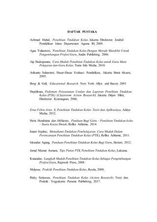 DAFTAR PUSTAKA
Achmad Hufad, Penelitian Tindakan Kelas. Jakarta: Direktorat Jendral
Pendidikan Islam Departemen Agama RI, 2009.
Agus Yuliantoro, Penelitian Tindakan Kelas Dengan Metode Mutakhir Untuk
Pengembangan Profesi Guru, Andin Publishing, 2006.
Aip Badrujaman, Cara Mudah Penelitian Tindakan Kelas untuk Guru Mata
Pelajaran dan Guru Kelas, Trans Info Media, 2010.
Arikunto Suharsimi, Dasar-Dasar Evaluasi Pendidikan,. Jakarta: Bumi Aksara,
2005.
Borg & Gall, Educational Research. New York: Allyn and Bacon. 2003
Depdiknas, Pedoman Penyusunan Usulan dan Laporan Penelitian Tindakan
Kelas (PTK) (Classroom Action Research). Jakarta: Ditjen Dikti,
Direktorat Ketenagaan, 2006.
Erna Febru Aries. S, Penelitian Tindakan Kelas: Teori dan Aplikasinya, Aditya
Media, 2012.
Heris Hendriana dan Afrilianto, Panduan Bagi Guru – Penelitian Tindakan kelas
– Suatu Karya Ilmiah, Refika Aditama, 2014.
Imam Suyitno, Memahami Tindakan Pembelajaran: Cara Mudah Dalam
Perencanaan Penelitian Tindakan Kelas (PTK), Refika Aditama, 2011.
Iskandar Agung, Panduan Penelitian Tindakan Kelas Bagi Guru, Bestari, 2012.
Jamal Mamur Asmani, Tips Pintar PTK Penelitian Tindakan Kelas, Laksana.
Kunandar, Langkah Mudah Penelitian Tindakan Kelas Sebagai Pengembangan
Profesi Guru, Rajawali Press, 2008.
Mulyasa, Praktik Penelitian Tindakan Kelas, Rosda, 2009.
Risky Setiawan, Penelitian Tindakan Kelas (Action Research) Teori dan
Praktik. Yogyakarta: Parama Publishing, 2017.
 