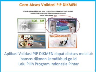 7
Cara Akses Validasi PIP DIKMEN
Aplikasi Validasi PIP DIKMEN dapat diakses melalui:
bansos.dikmen.kemdikbud.go.id
Lalu Pilih Program Indonesia Pintar
 