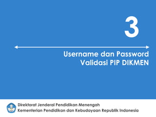Kementerian Pendidikan dan Kebudayaan Republik Indonesia
Direktorat Jenderal Pendidikan Menengah
3
Username dan Password
Validasi PIP DIKMEN
 