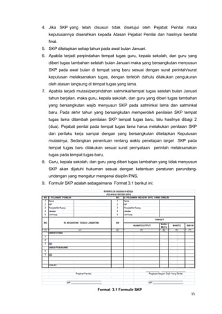 15
4. Jika SKP yang telah disusun tidak disetujui oleh Pejabat Penilai maka
keputusannya diserahkan kepada Atasan Pejabat Penilai dan hasilnya bersifat
final.
5. SKP ditetapkan setiap tahun pada awal bulan Januari.
6. Apabila terjadi perpindahan tempat tugas guru, kepala sekolah, dan guru yang
diberi tugas tambahan setelah bulan Januari maka yang bersangkutan menyusun
SKP pada awal bulan di tempat yang baru sesuai dengan surat perintah/surat
keputusan melaksanakan tugas, dengan terlebih dahulu dilakukan pengukuran
oleh atasan langsung di tempat tugas yang lama.
7. Apabila terjadi mutasi/perpindahan satminkal/tempat tugas setelah bulan Januari
tahun berjalan, maka guru, kepala sekolah, dan guru yang diberi tugas tambahan
yang bersangkutan wajib menyusun SKP pada satminkal lama dan satminkal
baru. Pada akhir tahun yang bersangkutan memperoleh penilaian SKP tempat
tugas lama ditambah penilaian SKP tempat tugas baru, lalu hasilnya dibagi 2
(dua). Pejabat penilai pada tempat tugas lama harus melakukan penilaian SKP
dan perilaku kerja sampai dengan yang bersangkutan ditetapkan Keputusan
mutasinya. Sedangkan penentuan rentang waktu penetapan target SKP pada
tempat tugas baru dilakukan sesuai surat pernyataan perintah melaksanakan
tugas pada tempat tugas baru,
8. Guru, kepala sekolah, dan guru yang diberi tugas tambahan yang tidak menyusun
SKP akan dijatuhi hukuman sesuai dengan ketentuan peraturan perundang-
undangan yang mengatur mengenai disiplin PNS.
9. Formulir SKP adalah sebagaimana Format 3.1 berikut ini:
Format 3.1 Formulir SKP
 