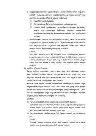 23
b) Kegiatan pelaksanaan tugas sebagai kepala sekolah, target outputnya
adalah 1 (satu) laporan hasil pelaksanaan kinerja kepala sekolah yang
dilampiri dengan bukti fisik di antaranya berupa :
(1) Hasil PK Kepala Sekolah;
(2) Rencana Kerja Tahunan Sekolah dan realisasinya; dan
(3) Laporan hasil pelaksanaan pengelolaan kesiswaan, kurikulum,
sarana dan prasarana, hubungan dengan masyarakat,
pembinaan pendidik dan tenaga kependidikan, dan pembiayaan
sekolah.
c) Melaksanakan kegiatan pengembangan diri yang dapat berupa diklat
fungsional dan kegiatan kolektif guru. Target outputnya adalah laporan
hasil kegiatan diklat fungsional dan kegiatan kolektif guru sesuai
dengan jumlah dan jenis kegiatan yang dilakukan.
Contoh:
Silvi S.Pd, seorang guru SD Kencana Ungu, melaksanakan kegiatan
pengembangan diri melalui kegiatan kolektif guru di KKG dengan mengambil
5 (lima) paket kegiatan dengan topik yang berbeda. Dengan demikian, target
output dari Silvi adalah 5 (lima) laporan hasil kegiatan sesuai dengan
topiknya.
2 ) Kualitas (Target Kualitas)
Target Kualitas merupakan mutu produk yang akan dihasilkan selama
satu periode penilaian sesuai dengan karakteristik, sifat, dan jenis
kegiatan. Target kualitas harus memprediksi mutu hasil kerja terbaik, dan
dicantumkan nilai paling tinggi 100 (seratus).
Khusus untuk target kualitas pelaksanaan pembelajaran adalah target
angka kredit dengan sebutan “baik” atau “amat baik” yang harus dicapai
dalam satu tahun sesuai dengan golongan yang bersangkutan. Untuk
rencana ketercapaian target angka kredit “baik” atau “amat baik” di dalam
target kualitas dicantumkan angka 100 (seratus).
Contoh :
a) Penulisan target kualitas untuk pelaksanaan pembelajaran.
Dari contoh atas nama Achmad Peristiwa di atas, target kualitas yang harus
dicapai adalah 100% (seratus persen) yang setara dengan sebutan “baik”
atau “amat baik” pada hasil penilaian kinerja guru.
b) Penulisan target kualitas untuk PKB dalam kegiatan pengembangan
diri.
Contoh:
Achmad Peristiwa mengikuti diklat dan kegiatan kolektif guru, target
kualitas yang dicantumkan dalam SKP sebagai berikut.
 