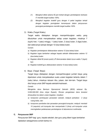 24
(1) Mengikuti diklat selama 60 jam terkait dengan pembelajaran berbasis
IT memiliki target kualitas 100%;
(2) Mengikuti kegiatan kolektif guru dengan 4 paket kegiatan terkait
dengan kegiatan peningkatan kemampuan dalam penyusunan
perangkat pembelajaran memiliki target kualitas 100%
3) Waktu (Target Waktu)
Target waktu ditetapkan dengan memperhitungkan waktu yang
dibutuhkan untuk menyelesaikan setiap uraian kegiatan, misalnya 7
(tujuh) hari, 1 (satu) minggu, 1 (satu) bulan, 2 (dua) bulan, 3 (tiga) bulan,
dan seterusnya sampai dengan 12 (dua belas) bulan.
Contoh:
a) Kegiatan pembelajaran dilaksanakan selama 12 (dua belas) bulan.
b) Kegiatan tugas tambahan sebagai kepala sekolah dilaksanakan selama 12
(dua belas) bulan.
c) Kegiatan diklat 60 (enam puluh) JP direncanakan dalam kurun waktu 7 (tujuh)
hari.
d) Kegiatan kolektif guru dilaksanakan selama 12 (dua belas) bulan.
4) Biaya (Target Biaya)
Target biaya ditetapkan dengan memperhitungkan jumlah biaya yang
diperlukan untuk menyelesaikan suatu uraian kegiatan tertentu dalam 1
(satu) tahun, misalnya ratusan ribu, jutaan, dan lain-lain. Target biaya
diisi hanya untuk SKP kepala sekolah/madrasah.
Contoh
Mengelola dana Bantuan Operasional Sekolah (BOS) sebesar Rp.
5.000.000.000 (lima milyar Rupiah). Rincian pengelolaan dana tersebut
dimasukkan ke dalam uraian kegiatan, misalkan:
a) komponen pembiayaan perawatan sekolah, meliputi perbaikan 2 (dua)
ruang kelas, dan
b) komponen pembelian dan perawatan perangkat komputer, meliputi: membeli
10 (sepuluh) unit komputer dan memperbaiki 5 (lima) unit komputer untuk
meningkatkan pelaksanaan pembelajaran di laboratorium multimedia.
C. Penyusunan SKP
Penyusunan SKP bagi guru, kepala sekolah, dan guru yang diberi tugas tambahan
dijelaskan sebagaimana contoh berikut ini.
 