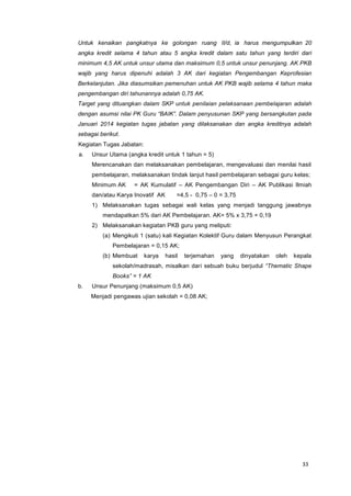 33
Untuk kenaikan pangkatnya ke golongan ruang II/d, ia harus mengumpulkan 20
angka kredit selama 4 tahun atau 5 angka kredit dalam satu tahun yang terdiri dari
minimum 4,5 AK untuk unsur utama dan maksimum 0,5 untuk unsur penunjang. AK PKB
wajib yang harus dipenuhi adalah 3 AK dari kegiatan Pengembangan Keprofesian
Berkelanjutan. Jika diasumsikan pemenuhan untuk AK PKB wajib selama 4 tahun maka
pengembangan diri tahunannya adalah 0,75 AK.
Target yang dituangkan dalam SKP untuk penilaian pelaksanaan pembelajaran adalah
dengan asumsi nilai PK Guru “BAIK”. Dalam penyusunan SKP yang bersangkutan pada
Januari 2014 kegiatan tugas jabatan yang dilaksanakan dan angka kreditnya adalah
sebagai berikut.
Kegiatan Tugas Jabatan:
a. Unsur Utama (angka kredit untuk 1 tahun = 5)
Merencanakan dan melaksanakan pembelajaran, mengevaluasi dan menilai hasil
pembelajaran, melaksanakan tindak lanjut hasil pembelajaran sebagai guru kelas;
Minimum AK = AK Kumulatif – AK Pengembangan Diri – AK Publikasi Ilmiah
dan/atau Karya Inovatif AK =4,5 - 0,75 – 0 = 3,75
1) Melaksanakan tugas sebagai wali kelas yang menjadi tanggung jawabnya
mendapatkan 5% dari AK Pembelajaran. AK= 5% x 3,75 = 0,19
2) Melaksanakan kegiatan PKB guru yang meliputi:
(a) Mengikuti 1 (satu) kali Kegiatan Kolektif Guru dalam Menyusun Perangkat
Pembelajaran = 0,15 AK;
(b) Membuat karya hasil terjemahan yang dinyatakan oleh kepala
sekolah/madrasah, misalkan dari sebuah buku berjudul “Thematic Shape
Books” = 1 AK
b. Unsur Penunjang (maksimum 0,5 AK)
Menjadi pengawas ujian sekolah = 0,08 AK;
 