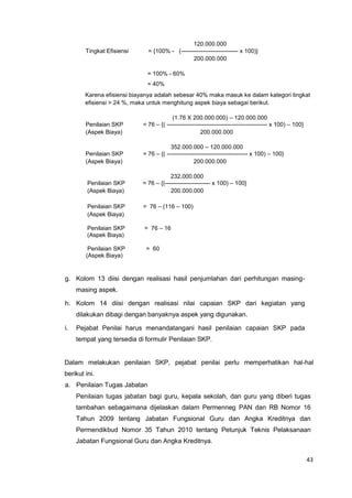 43
120.000.000
Tingkat Efisiensi = {100% - (----------------------------- x 100)}
200.000.000
= 100% - 60%
= 40%
Karena efisiensi biayanya adalah sebesar 40% maka masuk ke dalam kategori tingkat
efisiensi > 24 %, maka untuk menghitung aspek biaya sebagai berikut.
(1.76 X 200.000.000) – 120.000.000
Penilaian SKP = 76 – {( --------------------------------------------------- x 100) – 100}
(Aspek Biaya) 200.000.000
352.000.000 – 120.000.000
Penilaian SKP = 76 – {( ----------------------------------------- x 100) – 100}
(Aspek Biaya) 200.000.000
232.000.000
Penilaian SKP = 76 – {(----------------------- x 100) – 100}
(Aspek Biaya) 200.000.000
Penilaian SKP = 76 – (116 – 100)
(Aspek Biaya)
Penilaian SKP = 76 – 16
(Aspek Biaya)
Penilaian SKP = 60
(Aspek Biaya)
g. Kolom 13 diisi dengan realisasi hasil penjumlahan dari perhitungan masing-
masing aspek.
h. Kolom 14 diisi dengan realisasi nilai capaian SKP dari kegiatan yang
dilakukan dibagi dengan banyaknya aspek yang digunakan.
i. Pejabat Penilai harus menandatangani hasil penilaian capaian SKP pada
tempat yang tersedia di formulir Penilaian SKP.
Dalam melakukan penilaian SKP, pejabat penilai perlu memperhatikan hal-hal
berikut ini.
a. Penilaian Tugas Jabatan
Penilaian tugas jabatan bagi guru, kepala sekolah, dan guru yang diberi tugas
tambahan sebagaimana dijelaskan dalam Permenneg PAN dan RB Nomor 16
Tahun 2009 tentang Jabatan Fungsional Guru dan Angka Kreditnya dan
Permendikbud Nomor 35 Tahun 2010 tentang Petunjuk Teknis Pelaksanaan
Jabatan Fungsional Guru dan Angka Kreditnya.
 