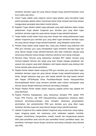 v
tambahan dan/atau tugas lain yang relevan dengan fungsi sekolah/madrasah untuk
kurun waktu satu tahun.
9. Uraian Tugas adalah suatu paparan semua tugas jabatan yang merupakan tugas
pokok pemangku jabatan dalam memproses bahan kerja menjadi hasil kerja dengan
menggunakan perangkat kerja dalam kondisi tertentu.
10. Kegiatan Tugas Jabatan adalah tugas pekerjaan yang wajib dilakukan dalam rangka
pelaksanaan fungsi jabatan fungsional guru dan/atau guru yang diberi tugas
tambahan dan/atau tugas lain yang relevan dengan fungsi sekolah/madrasah.
11. Target adalah jumlah beban kerja yang akan dicapai dari setiap pelaksanaan tugas
jabatan fungsional guru dan/atau guru yang diberi tugas tambahan dan/atau tugas
lain yang relevan dengan fungsi sekolah/madrasah yang ditetapkan setiap tahun.
12. Perilaku Kerja adalah setiap tingkah laku, sikap atau tindakan yang dilakukan oleh
PNS guru dan/atau guru yang mendapatkan tugas tambahan dan/atau tugas lain
yang relevan dengan fungsi sekolah/madrasah atau tidak melakukan sesuatu yang
seharusnya dilakukan sesuai dengan ketentuan peraturan perundang-undangan.
13. Rencana Kerja Tahunan yang selanjutnya disingkat RKT adalah rencana yang
memuat kegiatan tahunan dan target yang akan dicapai sebagai penjabaran dari
sasaran dan program yang telah ditetapkan oleh kepala sekolah yang disetujui oleh
komite sekolah pada satuan pendidikan.
14. Pejabat Penilai adalah atasan langsung PNS guru dan/atau guru yang diberi tugas
tambahan dan/atau tugas lain yang relevan dengan fungsi sekolah/madrasah yang
dinilai, dengan ketentuan bagi guru oleh kepala sekolah dan bagi kepala sekolah
oleh Kepala UPTD/Kepala Dinas Pendidikan/Kepala Kantor Kabupaten/Kota
Kemenag/Kepala Kantor yang membina pendidik pada instansi lain/pejabat yang
ditunjuk sesuai dengan ketentuan peraturan perundang-undangan.
15. Atasan Pejabat Penilai adalah atasan langsung pejabat penilai atau pejabat lain
yang ditentukan.
16. Pejabat Pembina Kepegawaian yang selanjutnya disingkat PPK adalah PPK
Pusat, PPK Provinsi, dan PPK Kabupaten/Kota sebagaimana dimaksud dalam
peraturan perundang-undangan yang mengatur wewenang pengangkatan,
pemindahan, dan pemberhentian PNS guru dan/atau guru yang diberi tugas
tambahan dan/atau tugas lain yang relevan dengan fungsi sekolah/madrasah .
17. Jabatan Fungsional Guru adalah jabatan fungsional yang mempunyai ruang lingkup,
tugas, tanggung jawab, dan wewenang untuk melakukan kegiatan mendidik,
mengajar, membimbing, mengarahkan, melatih, menilai, dan mengevaluasi peserta
didik pada pendidikan anak usia dini jalur pendidikan formal, pendidikan dasar, dan
pendidikan menengah sesuai dengan peraturan perundang-undangan yang diduduki
oleh PNS.
 