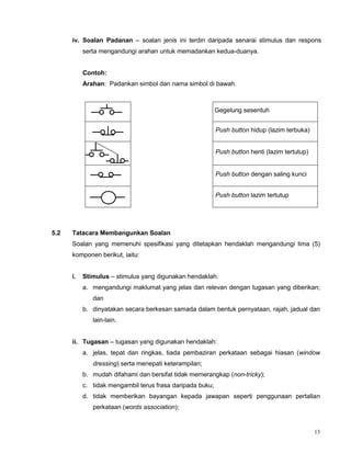 13
iv. Soalan Padanan – soalan jenis ini terdiri daripada senarai stimulus dan respons
serta mengandungi arahan untuk memadankan kedua-duanya.
Contoh:
Arahan: Padankan simbol dan nama simbol di bawah.
Gegelung sesentuh
Push button hidup (lazim terbuka)
Push button henti (lazim tertutup)
Push button dengan saling kunci
Push button lazim tertutup
5.2 Tatacara Membangunkan Soalan
Soalan yang memenuhi spesifikasi yang ditetapkan hendaklah mengandungi lima (5)
komponen berikut, iaitu:
i. Stimulus – stimulus yang digunakan hendaklah:
a. mengandungi maklumat yang jelas dan relevan dengan tugasan yang diberikan;
dan
b. dinyatakan secara berkesan samada dalam bentuk pernyataan, rajah, jadual dan
lain-lain.
ii. Tugasan – tugasan yang digunakan hendaklah:
a. jelas, tepat dan ringkas, tiada pembaziran perkataan sebagai hiasan (window
dressing) serta menepati keterampilan;
b. mudah difahami dan bersifat tidak memerangkap (non-tricky);
c. tidak mengambil terus frasa daripada buku;
d. tidak memberikan bayangan kepada jawapan seperti penggunaan pertalian
perkataan (words association);
 