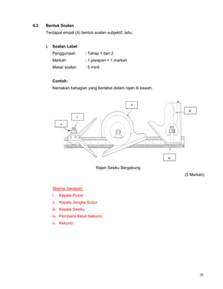 20
6.2 Bentuk Soalan
Terdapat empat (4) bentuk soalan subjektif, iaitu:
i. Soalan Label
Penggunaan : Tahap 1 dan 2
Markah : 1 jawapan = 1 markah
Masa/ soalan : 5 minit
Contoh:
Namakan bahagian yang berlabel dalam rajah di bawah.
Rajah Sesiku Bergabung
(5 Markah)
Skema Jawapan:
i. Kepala Pusat
ii. Kepala Jangka Sudut
iii. Kepala Sesiku
iv. Pembaris Keluli Kekunci
v. Kekunci
 