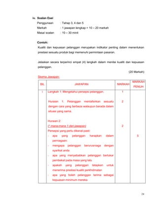 24
iv. Soalan Esei
Penggunaan : Tahap 3, 4 dan 5
Markah : 1 jawapan lengkap = 10 – 20 markah
Masa/ soalan : 10 – 30 minit
Contoh:
Kualiti dan kepuasan pelanggan merupakan indikator penting dalam menentukan
prestasi sesuatu produk bagi memenuhi permintaan pasaran.
Jelaskan secara terperinci empat (4) langkah dalam menilai kualiti dan kepuasan
pelanggan.
(20 Markah)
Skema Jawapan:
BIL JAWAPAN MARKAH
MARKAH
PENUH
i Langkah 1: Mengetahui persepsi pelanggan.
Huraian 1: Pelanggan mentafsirkan sesuatu
dengan cara yang berbeza walaupun berada dalam
situasi yang sama.
Huraian 2:
(* mana-mana 1 dari jawapan)
Persepsi yang perlu dikenal pasti:
- apa yang pelanggan harapkan dalam
perniagaan:
- mengapa pelanggan berurusniaga dengan
syarikat anda
- apa yang menyebabkan pelanggan bertukar
pembekal pada masa yang lalu
- apakah yang pelanggan tetapkan untuk
menerima prestasi kualiti perkhidmatan
- apa yang boleh pelanggan terima sebagai
kepuasan minimum mereka
1
2
2
5
 