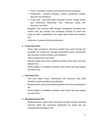 33
 Produk : kefungsian, mengikut ukuran/bentuk/rasa dan sebagainya
 Perkhidmatan : kepuasan pelanggan, prestasi, penyelesaian masalah,
keputusan dan sebagainya
 Proses kerja : bagi bidang yang menjadikan prosedur sebagai perkara
yang menentukan keterampilan calon. Contohnya, bidang Non-
Destructive Test (NDT)
 Kegagalan calon mematuhi SOP sehingga menyebabkan kerosakan teruk
kepada mesin dan peralatan atau kecederaan terhadap diri sendiri atau
orang lain boleh mengakibatkan calon gagal dalam keseluruhan penilaian;
dan
 Hanya satu (1) perkara kritikal yang dibenarkan.
b. Proses Kerja (25%)
 Proses kerja merangkumi pematuhan langkah kerja utama bermula dari
persediaan dan pelaksanaan sehingga menghasilkan produk, perkhidmatan
atau keputusan mengikut prosedur yang ditetapkan;
 Tidak menilai perkara remeh temeh;
 Bilangan perkara yang dinilai bergantung kepada proses kerja yang perlu
dilakukan; dan
 Kriteria kategori ini hendaklah dinyatakan dalam bentuk ayat yang lengkap
dan boleh diukur.
c. Hasil Kerja (10%)
 Hasil kerja adalah produk, perkhidmatan atau keputusan yang dapat
dihasilkan mengikut spesifikasi yang ditetapkan;
 Bilangan perkara yang dinilai bergantung kepada hasil kerja yang dihasilkan;
dan
 Kriteria kategori ini hendaklah dinyatakan dalam bentuk ayat yang lengkap
dan boleh diukur.
d. Sikap/Keselamatan (5%)
 Sikap/keselamatan adalah aktiviti pematuhan terhadap Standard Operating
Procedure (SOP) bagi memastikan keselamatan diri, benda kerja dan
mesin/peralatan/kelengkapan; dan
 