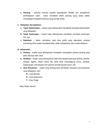 5
c. Peluang – peluang merujuk kepada kelengkapan (fasiliti) dan pengalaman
pembelajaran calon. Calon hendaklah diberi peluang yang setara dalam
mempelajari/mengalami perkara yang hendak dinilai.
ii. Ketepatan dan kejelasan
a. Tepat Keterampilan – soalan yang dibangunkan hendaklah menepati keterampilan
yang ditetapkan;
b. Tepat Kandungan – soalan yang dibangunkan hendaklah menepati kandungan
CU; dan
c. Kejelasan – istilah, perkataan, ayat atau grafik yang digunakan semasa
membangunkan soalan hendaklah jelas, tidak mengelirukan dan mudah difahami.
iii. Kesesuaian
a. Penting – soalan yang dibangunkan hendaklah menyatakan perkara penting yang
perlu dikuasai oleh calon;
b. Keadilan – soalan yang dibangunkan tidak bias kepada kelompok tertentu (jantina,
bangsa, agama, lokasi institut dll.) serta tidak menyinggung emosi, peribadi,
kepercayaan, kebudayaan dan perkara sensitif sesuatu kaum; dan
c. Aras Kesukaran - soalan yang dibangunkan hendaklah menepati aras kesukaran
yang ditetapkan, iaitu:
R – Aras Rendah
S – Aras Sederhana
T – Aras Tinggi
Nota: Rujuk Jadual 1
 