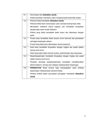 52
5.1 - Huruf besar dan ditebalkan (bold).
- Kriteria penilaian membantu calon mengenal pasti kehendak soalan.
5.2 - Perkara kritikal hendaklah ditebalkan (bold).
- Perkara kritikal akan menentukan calon samada terampil atau tidak.
- Merupakan matlamat utama tugasan dan hendaklah dinyatakan
dengan jelas serta mudah difahami.
- Kriteria yang ditulis hendaklah boleh diukur dan ditentukan dengan
sahih.
5.3 - Proses kerja hendaklah ditulis secara umum bermula dari persediaan
sehingga kerja/tugas selesai.
- Proses kerja tidak perlu diterangkan secara terperinci.
5.4 - Hasil kerja hendaklah dinyatakan dengan ringkas dan padat (dalam
bentuk point form).
- Hasil kerja boleh dalam bentuk produk, perkhidmatan atau keputusan.
5.5 - Sikap/Keselamatan hendaklah dinyatakan dengan ringkas dan padat
(dalam bentuk point form).
- Penilaian terhadap sikap/keselamatan hendaklah menitikberatkan
aktiviti sebelum, semasa dan selepas melaksanakan kerja/tugas.
5.6 - PERINGATAN ditulis khusus bagi mengingatkan calon tentang
kepentingan melaksanakan perkara kritikal.
- Perkara kiritikal dalam pernyataan peringatan hendaklah ditebalkan
(bold).
 