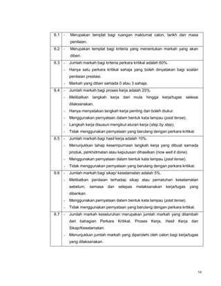 54
6.1 - Merupakan templat bagi ruangan maklumat calon, tarikh dan masa
penilaian.
6.2 - Merupakan templat bagi kriteria yang menentukan markah yang akan
diberi.
6.3 - Jumlah markah bagi kriteria perkara kritikal adalah 60%.
- Hanya satu perkara kritikal sahaja yang boleh dinyatakan bagi soalan
penilaian prestasi.
- Markah yang diberi samada 0 atau 3 sahaja.
6.4 - Jumlah markah bagi proses kerja adalah 25%.
- Melibatkan langkah kerja dari mula hingga kerja/tugas selesai
dilaksanakan.
- Hanya menyatakan langkah kerja penting dan boleh diukur.
- Menggunakan pernyataan dalam bentuk kata lampau (past tense).
- Langkah kerja disusun mengikut aturan kerja (step by step).
- Tidak menggunakan pernyataan yang berulang dengan perkara kritikal.
6.5 - Jumlah markah bagi hasil kerja adalah 10%.
- Menunjukkan tahap kesempurnaan langkah kerja yang dibuat samada
produk, perkhidmatan atau keputusan dihasilkan (how well it done).
- Menggunakan pernyataan dalam bentuk kata lampau (past tense).
- Tidak menggunakan pernyataan yang berulang dengan perkara kritikal.
6.6 - Jumlah markah bagi sikap/ keselamatan adalah 5%.
- Melibatkan penilaian terhadap sikap atau pematuhan keselamatan
sebelum, semasa dan selepas melaksanakan kerja/tugas yang
diberikan.
- Menggunakan pernyataan dalam bentuk kata lampau (past tense).
- Tidak menggunakan pernyataan yang berulang dengan perkara kritikal.
6.7 - Jumlah markah keseluruhan merupakan jumlah markah yang ditambah
dari bahagian Perkara Kritikal, Proses Kerja, Hasil Kerja dan
Sikap/Keselamatan.
- Menunjukkan jumlah markah yang diperolehi oleh calon bagi kerja/tugas
yang dilaksanakan.
 