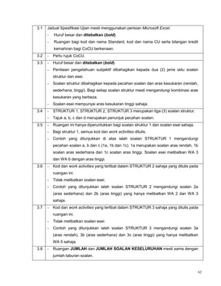 62
3.1 Jadual Spesifikasi Ujian mesti menggunakan perisian Microsoft Excel.
- Huruf besar dan ditebalkan (bold).
- Ruangan bagi kod dan nama Standard, kod dan nama CU serta bilangan kredit
kemahiran bagi CoCU berkenaan.
3.2 - Perlu rujuk CoCU.
3.3 - Huruf besar dan ditebalkan (bold).
- Penilaian pengetahuan subjektif dibahagikan kepada dua (2) jenis iaitu soalan
struktur dan esei.
- Soalan struktur dibahagikan kepada pecahan soalan dan aras kesukaran (rendah,
sederhana, tinggi). Bagi setiap soalan struktur mesti mengandungi kombinasi aras
kesukaran yang berbeza.
- Soalan esei mempunyai aras kesukaran tinggi sahaja.
3.4 - STRUKTUR 1, STRUKTUR 2, STRUKTUR 3 merupakan tiga (3) soalan struktur.
- Tajuk a, b, c dan d merupakan penunjuk pecahan soalan.
3.5 - Ruangan ini hanya diperuntukkan bagi soalan struktur 1 dan soalan esei sahaja.
- Bagi struktur 1, semua kod dan work activities ditulis.
- Contoh yang ditunjukkan di atas ialah soalan STRUKTUR 1 mengandungi
pecahan soalan a, b dan c (1a, 1b dan 1c). 1a merupakan soalan aras rendah, 1b
soalan aras sederhana dan 1c soalan aras tinggi. Soalan esei melibatkan WA 3
dan WA 6 dengan aras tinggi.
3.6 - Kod dan work activities yang terlibat dalam STRUKTUR 2 sahaja yang ditulis pada
ruangan ini.
- Tidak melibatkan soalan esei.
- Contoh yang ditunjukkan ialah soalan STRUKTUR 2 mengandungi soalan 2a
(aras sederhana) dan 2b (aras tinggi) yang hanya melibatkan WA 2 dan WA 3
sahaja.
3.7 - Kod dan work activities yang terlibat dalam STRUKTUR 3 sahaja yang ditulis pada
ruangan ini.
- Tidak melibatkan soalan esei.
- Contoh yang ditunjukkan ialah soalan STRUKTUR 3 mengandungi soalan 3a
(aras rendah), 3b (aras sederhana) dan 3c (aras tinggi) yang hanya melibatkan
WA 5 sahaja.
3.8 - Ruangan JUMLAH dan JUMLAH SOALAN KESELURUHAN mesti sama dengan
jumlah taburan soalan.
 
