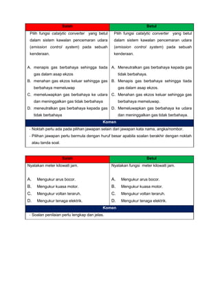 Salah Betul
Pilih fungsi catalytic converter yang betul
dalam sistem kawalan pencemaran udara
(emission control system) pada sebuah
kenderaan.
A. menapis gas berbahaya sehingga tiada
gas dalam asap ekzos
B. menahan gas ekzos keluar sehingga gas
berbahaya memeluwap
C. memeluwapkan gas berbahaya ke udara
dan meninggalkan gas tidak berbahaya
D. meneutralkan gas berbahaya kepada gas
tidak berbahaya
Pilih fungsi catalytic converter yang betul
dalam sistem kawalan pencemaran udara
(emission control system) pada sebuah
kenderaan.
A. Meneutralkan gas berbahaya kepada gas
tidak berbahaya.
B. Menapis gas berbahaya sehingga tiada
gas dalam asap ekzos.
C. Menahan gas ekzos keluar sehingga gas
berbahaya memeluwap.
D. Memeluwapkan gas berbahaya ke udara
dan meninggalkan gas tidak berbahaya.
Komen
- Noktah perlu ada pada pilihan jawapan selain dari jawapan kata nama, angka/nombor.
- Pilihan jawapan perlu bermula dengan huruf besar apabila soalan berakhir dengan noktah
atau tanda soal.
Salah Betul
Nyatakan meter kilowatt jam.
A. Mengukur arus bocor.
B. Mengukur kuasa motor.
C. Mengukur voltan teraruh.
D. Mengukur tenaga elektrik.
Nyatakan fungsi meter kilowatt jam.
A. Mengukur arus bocor.
B. Mengukur kuasa motor.
C. Mengukur voltan teraruh.
D. Mengukur tenaga elektrik.
Komen
- Soalan penilaian perlu lengkap dan jelas.
 