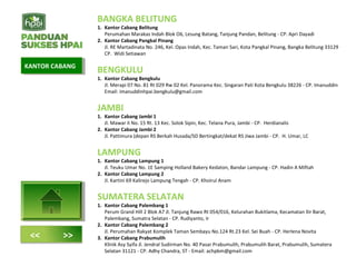 BANGKA BELITUNG
1. Kantor Cabang Belitung
Perumahan Marakas Indah Blok O6, Lesung Batang, Tanjung Pandan, Belitung - CP. Apri Dayadi
2. Kantor Cabang Pangkal Pinang
Jl. RE Martadinata No. 246, Kel. Opas Indah, Kec. Taman Sari, Kota Pangkal Pinang, Bangka Belitung 33129
CP. Widi Setiawan
BENGKULU
1. Kantor Cabang Bengkulu
Jl. Merapi 07 No. 81 Rt 029 Rw 02 Kel. Panorama Kec. Singaran Pati Kota Bengkulu 38226 - CP. Imanuddin
Email: imanuddinhpai.bengkulu@gmail.com
JAMBI
1. Kantor Cabang Jambi 1
Jl. Mawar II No. 15 Rt. 13 Kec. Solok Sipin, Kec. Telana Pura, Jambi - CP. Herdianalis
2. Kantor Cabang Jambi 2
Jl. Pattimura (depan RS Berkah Husada/SD Bertingkat/dekat RS Jiwa Jambi - CP. H. Umar, LC
LAMPUNG
1. Kantor Cabang Lampung 1
Jl. Teuku Umar No. 1E Samping Holland Bakery Kedaton, Bandar Lampung - CP. Hadin A Miftah
2. Kantor Cabang Lampung 2
Jl. Kartini 69 Kalirejo Lampung Tengah - CP. Khoirul Anam
SUMATERA SELATAN
1. Kantor Cabang Palembang 1
Perum Grand Hill 2 Blok A7 Jl. Tanjung Rawo Rt 054/016, Kelurahan Bukitlama, Kecamatan Ilir Barat,
Palembang, Sumatra Selatan - CP. Rudiyanto, Ir
2. Kantor Cabang Palembang 2
Jl. Perumahan Rakyat Komplek Taman Sembayu No.124 Rt.23 Kel. Sei Buah - CP. Herlena Novita
3. Kantor Cabang Prabumulih
Klinik Asy Syifa Jl. Jendral Sudirman No. 40 Pasar Prabumulih, Prabumulih Barat, Prabumulih, Sumatera
Selatan 31121 - CP. Adhy Chandra, ST - Email: achpbm@gmail.com
KANTOR CABANGKANTOR CABANG
<< >>
 
