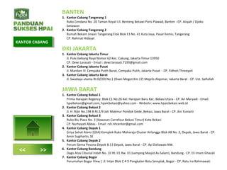 BANTEN
1. Kantor Cabang Tangerang 1
Ruko Cendana No. 20 Taman Royal I Jl. Benteng Betawi Poris Plawad, Banten - CP. Aisyah / Djoko
Setiawan
2. Kantor Cabang Tangerang 2
Rumah Bekam Jinaan Tangerang Elok Blok E3 No. 41 Kuta Jaya, Pasar Kemis, Tangerang
CP. Rahmat Hidayat
DKI JAKARTA
1. Kantor Cabang Jakarta Timur
Jl. Pulo Gebang Raya Nomor 62 Kec. Cakung, Jakarta Timur 13950
CP. Dewi Larasati - Email : dewi.larasati.7193@gmail.com
2. Kantor Cabang Jakarta Pusat
Jl. Mardani III Cempaka Putih Barat, Cempaka Putih, Jakarta Pusat - CP. Fidhoh Threeyati
3. Kantor Cabang Jakarta Barat
Jl. Swadaya utama Rt.02/03 No.1 (Daan Mogot Km.17) Majelis Alqomar, Jakarta Barat - CP. Ust. Saifullah
JAWA BARAT
1. Kantor Cabang Bekasi 1
Prima Harapan Regency: Blok C1 No.26 Kel. Harapan Baru Kec. Bekasi Utara - CP. Ari Maryadi - Email:
hpaibekasi@gmail.com, hpaicbekasi@yahoo.com - Website: www.hpaicbekasi.web.id
2. Kantor Cabang Bekasi 2
Jl. H. Rijin No.198 B Rt.1/9 Jati Makmur Pondok Gede, Bekasi, Jawa Barat - CP. Ani Yuniarti
3. Kantor Cabang Bekasi 3
Ruko Blu Plaza No. 3 (Kawasan Carrefour Bekasi Timur) Kota Bekasi
CP. Nurhayati Abbas - Email: rsh.nhcenter@gmail.com
4. Kantor Cabang Depok 1
Griya Sehat Alami (GSA) Komplek Ruko Maharaja Cluster Airlangga Blok A8 No. 2, Depok, Jawa Barat - CP.
Amin Sugiharto, SE
5. Kantor Cabang Depok 2
Perum Gema Pesona Depok B.13 Depok, Jawa Barat - CP. Ayi Daliawati NW.
6. Kantor Cabang Bandung
Dago Atas Ciburial Indah No. 10 Rt. 01 Rw. 01 (samping Masjid As-Salam), Bandung - CP. Eli Imam Ghazali
7. Kantor Cabang Bogor
Perumahan Bogor View I, Jl. Intan Blok C 4-5 Pangkalan Batu Semplak, Bogor - CP. Ratu Ira Rahmawati
KANTOR CABANGKANTOR CABANG
<< >>
 