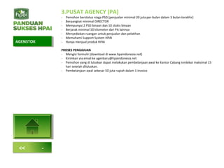 3.PUSAT AGENCY (PA)
- Pemohon berstatus niaga PSD (penjualan minimal 20 juta per-bulan dalam 3 bulan terakhir)
- Berpangkat minimal DIRECTOR
- Mempunyai 2 PSD binaan dan 10 stokis binaan
- Berjarak minimal 10 kilometer dari PA lainnya
- Menyediakan ruangan untuk penjualan dan pelatihan
- Memahami Support System HPAI
- Hanya menjual produk HPAI
PROSES PENGAJUAN
- Mengisi formulir (download di www.hpaindonesia.net)
- Kirimkan via email ke agenbaru@hpaindonesia.net
- Pemohon yang di luluskan dapat melakukan pembelanjaan awal ke Kantor Cabang terdekat maksimal 15
hari setelah diluluskan.
- Pembelanjaan awal sebesar 50 juta rupiah dalam 1 invoice
AGENSTOKAGENSTOK
<< -
 