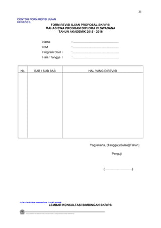 CONTOH FORM REVISI UJIAN
PROPOSAL
FORM REVISI UJIAN PROPOSAL SKRIPSI
MAHASISWA PROGRAM DIPLOMA IV SWADANA
TAHUN AKADEMIK 2015 - 2016
Nama : .......................................................
NIM : .......................................................
Program Stud i : .......................................................
Hari / Tangga l : .......................................................
No. BAB / SUB BAB HAL YANG DIREVISI
Yogyakarta, (Tanggal)(Bulan)(Tahun)
Penguji
(.................................)
LEMBAR KONSULTASI BIMBINGAN SKRIPSI
PEDOMAN PEMBUATAN PROPOSAL DAN PENULISAN SKRIPSI
31
CONTOH LEMBAR KONSULTASI BIMBINGAN SKRIPSI
CONTOH FORM BIMBINGAN TUGAS AKHIR
 